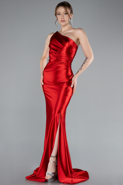 Abiyefon Kırmızı Tek Omuz Yırtmaçlı Uzun Saten Mezuniyet Elbisesi ABU5022
