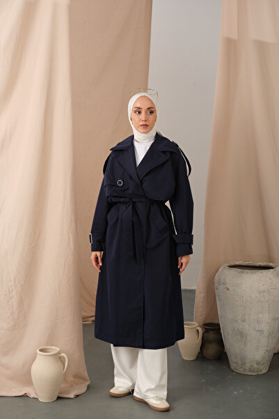 LOCCO Women's Sleeve Wrist Detail Tied Trench Coat Navy Blue