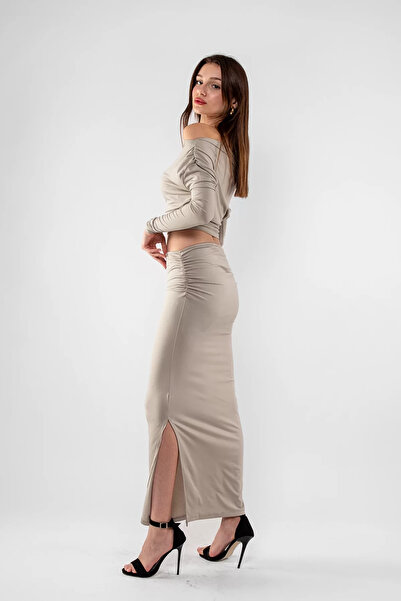 Bak Moda Gray Suit with Half-Shoulder Slit Detail and Gathered Sandy Fabric Skirt