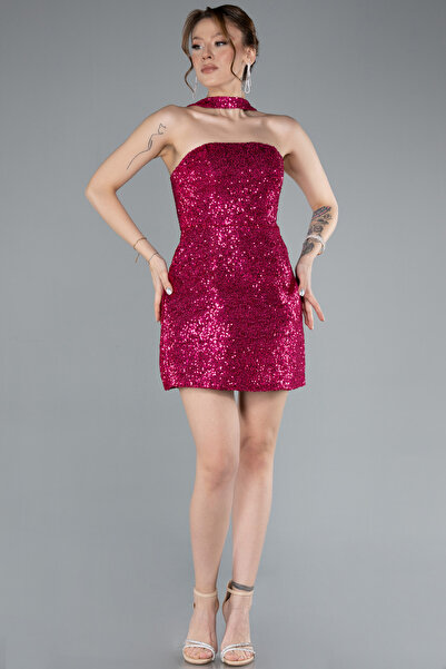 Abiyefon Fuşya Straplez Mini Pul Payet Gece Elbisesi ABK2201