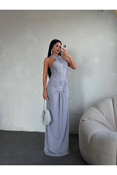Genel Markalar Gümüş Düğme Detaylı Long Dress