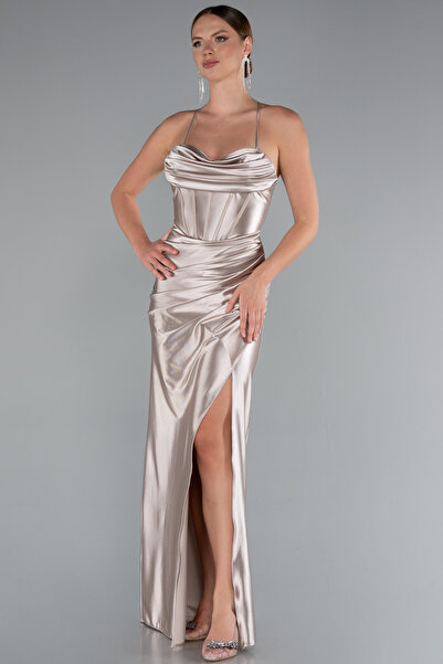 Abiyefon Bej Bacak Dekolteli Balen Korse Uzun Saten Abiye ABU3247