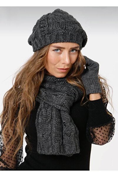 rushana Women's Three-Piece Set Knit Beanie Scarf and Gloves (Color Anthracite)