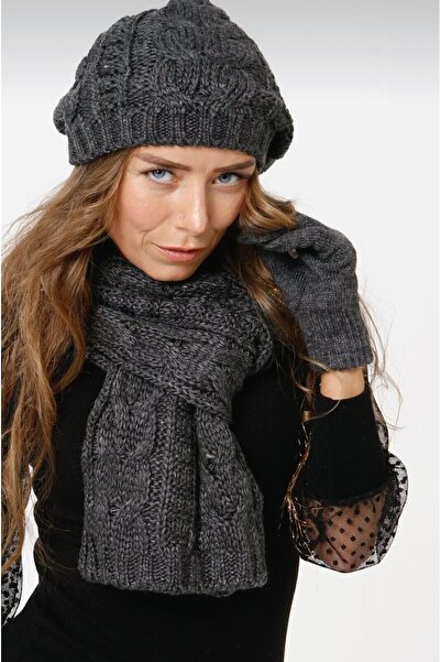 rushana Women's Three-Piece Set Knit Beanie Scarf and Gloves (Color Anthracite)