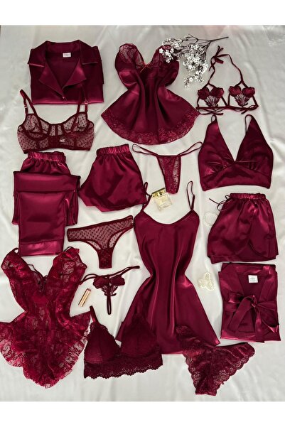 MH Moony Homewears Kutulu 16 Parça Mudodo Bordo Saten Pijama Gecelik Sabahlık Iç Giyim Çeyiz Seti