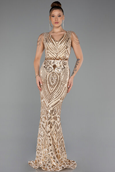 Abiyefon Gold V Yaka Uzun Pullu Balık Abiye ABU3842