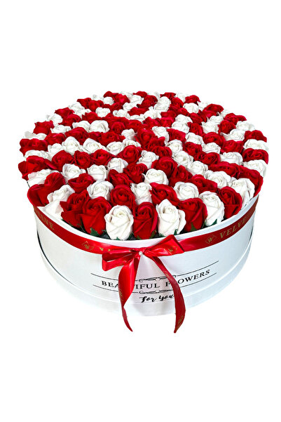 velve Aranjament floral cutie rotunda cu 125 trandafiri de sapun, Bicolor, Passion