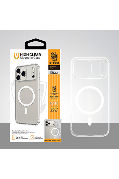 S-TOP جراب مغناطيسي لهاتف iPhone 17ProMax بظهر شفاف، ممتص للصدمات ومقاوم للخدش