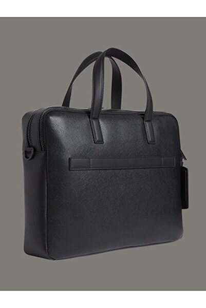 Calvin Klein Men's Textured Surface Metallic Logo Embossed Long Removable Strap Black Laptop & Briefcase Lv