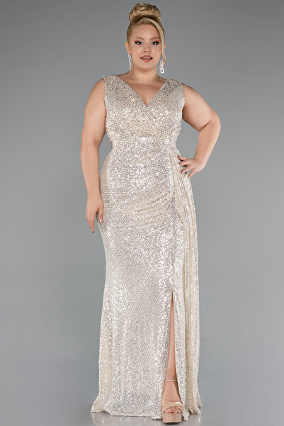 Abiyefon Bej Kolsuz Uzun Pullu Büyük Beden Abiye ABU3194