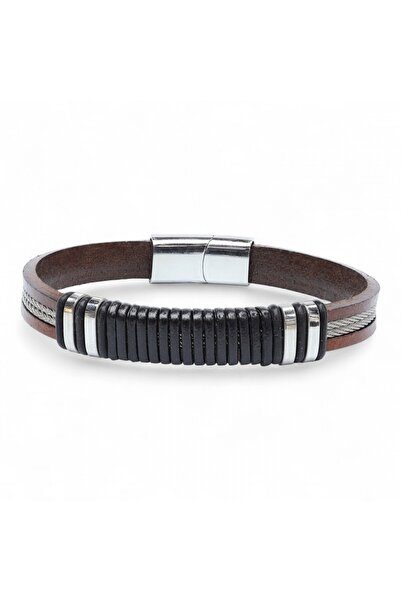 SeyCey.co سوار رجالي من الجلد الأصلي والفولاذ 316L باللون الأسود والبني |   ه...