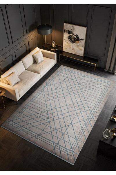 Karmen Halı Art AT002M Mavi Geometrik Desen Modern Halı Triko Akrilik Viskon ...