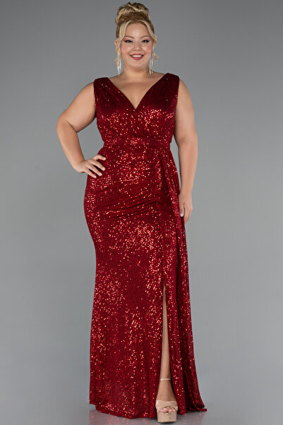 Abiyefon Kırmızı Kolsuz Uzun Pullu Büyük Beden Abiye ABU3194