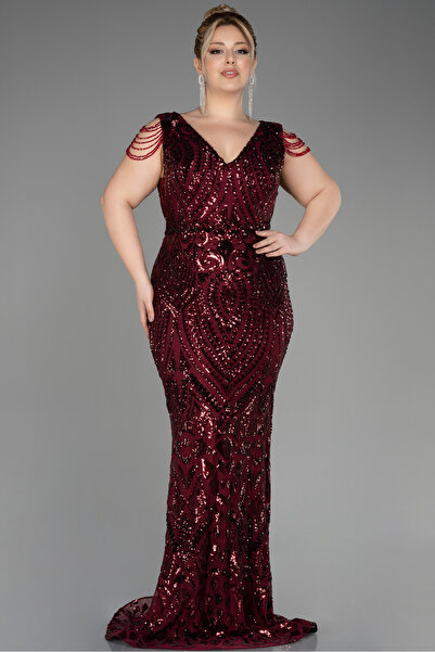 Abiyefon Bordo V Yaka Uzun Pullu Büyük Beden Abiye Elbise ABU3845