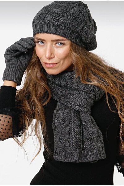 rushana Women's Three-Piece Set Knit Beanie Scarf and Gloves (Color Anthracite)