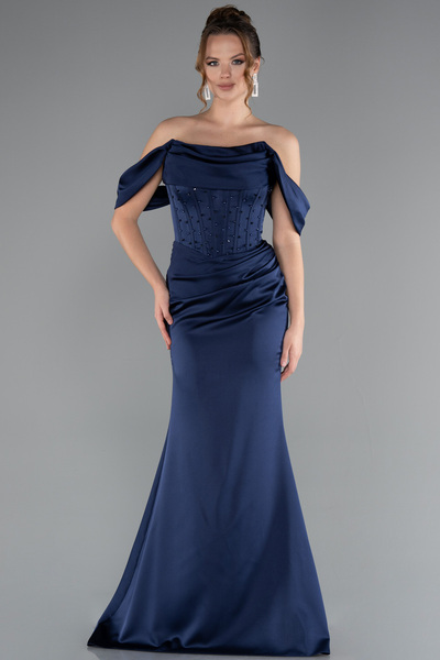 Abiyefon Lacivert Kayık Yaka Taşlı Balen Korse Detay Uzun Saten Abiye ABU5017