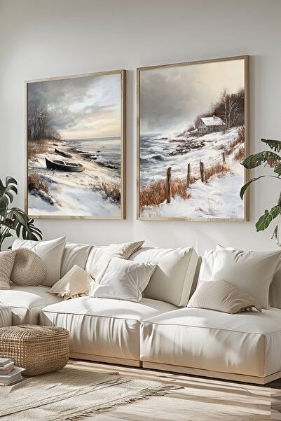 STARYUNA Wooden Framed Snowy Coast and Kayak Landscape Oil Painting Effect Double Painting Set Yuna426