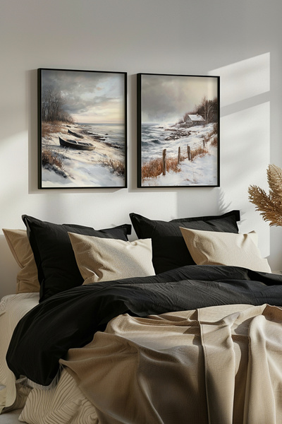 STARYUNA Black Wooden Framed Snowy Coastal and Kayak Landscape Oil Painting Effect Double Painting Set Yuna426