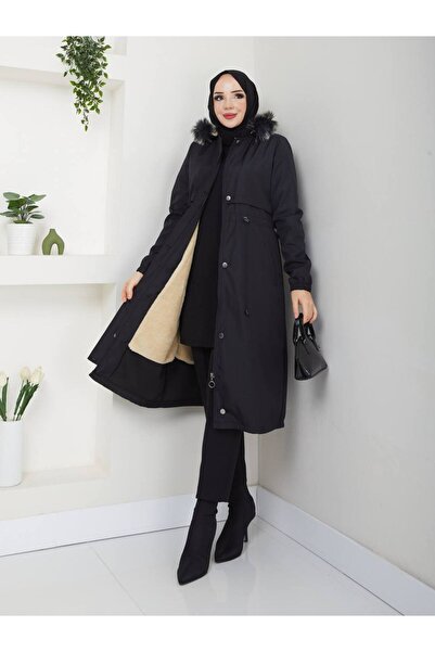 Pamuk Butik Γυναικείο παλτό με αποσπώμενη κουκούλα με επένδυση από γούνα