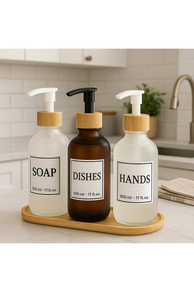 MİS KİTCHEN 3‘Lü Bambu Kapaklı Sabunluk Seti, Deterjan ve El Yıkama Şişesi - ...