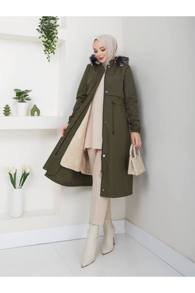 Pamuk Butik Women's Fur Lined Detachable Hooded Coat