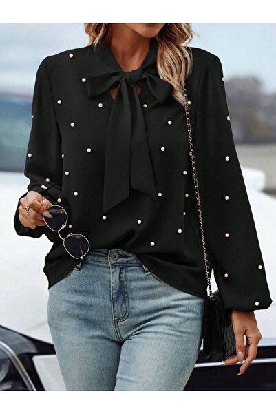 JANES Γυναικεία μακρυμάνικη μπλούζα από κρεπ με φιόγκο στο λαιμό και πέρλες