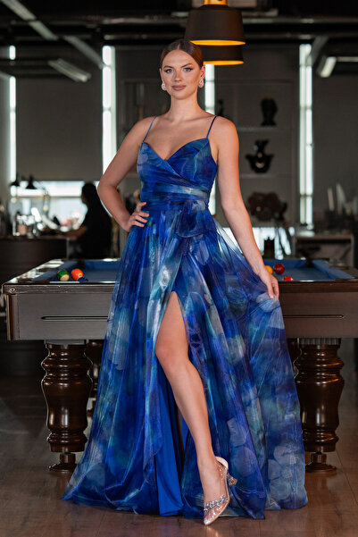 Abiyefon Saks Mavi Yırtmaçlı Uzun Empirme Mezuniyet Elbisesi ABU5053