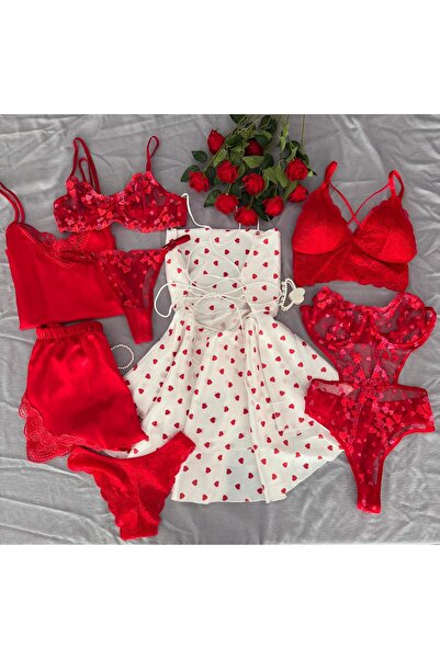 MH Moony Homewears Boxed Love Bombing Satin 8-Piece Heart Nightgown Pajamas Underwear Dowry Set
