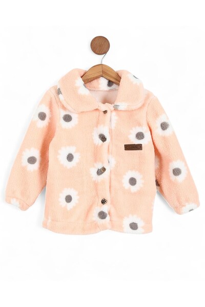 Ege Bebek Girl's Floral Printed Plush Cardigan 1.5-2-3-4-5-6 Years Old Winter Fleece Jacket