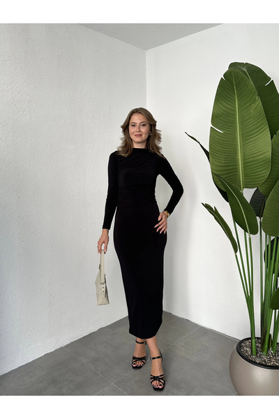 asfamoda Kadın Siyah Vucudu Saran Büzgülü Drapeli Tam Boy Uzun Kollu Candy Elbise