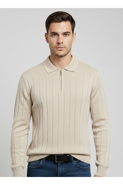 MAHZENSTORE ERKEK SLİM FİT POLO YAKA FERMUARLI TRİKO KAZAK