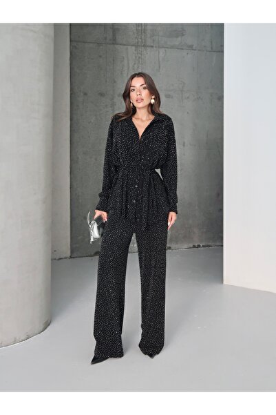 AÈC PRIVÈ Women's Premium Quality Luxury Shawl Detailed Stylish Stone Embroidered Shirt Pants Double Suit 777