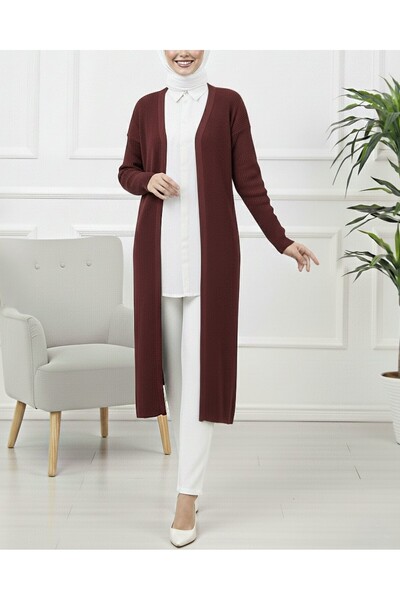 Modamorfo Ribbed Long Knit Cardigan with Side Slits - Burgundy