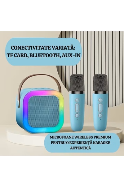 EMATTERIO Set Karaoke cu Boxă Portabilă și 2 Microfoane Wireless, Bluetooth, Lumini RGB, 4 Efecte Vocale