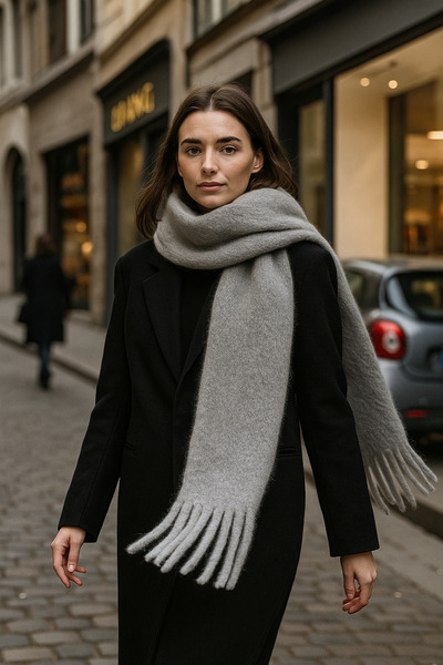 Luminos Butik Women's Anthracite Tasseled Imported Scarf-Shawl Sal1295