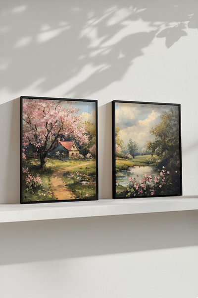 STARYUNA Black Wooden Framed Oil Painting Effect Tree and Lake View Double Painting Set Yuna428