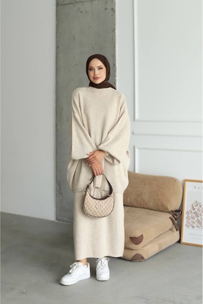 Buklemoda Tunic and Skirt Two-Piece Knitwear Set Cream