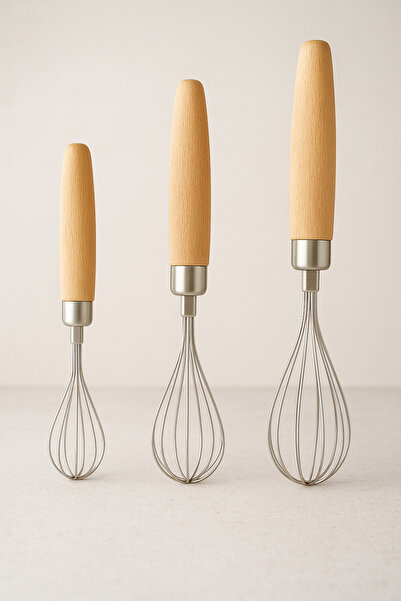 SYN AKSESUAR 3’lü Ahşap Saplı Paslanmaz Çelik Çırpıcı Seti, Dayanıklı Lüks, Y...