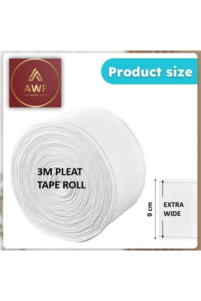 AWF AL WADI FURNITURE Shuff Heavy Duty 3 Meters Extra Wide 100% Cotton Curtain Multipurpose Use Pleat Tape - White
