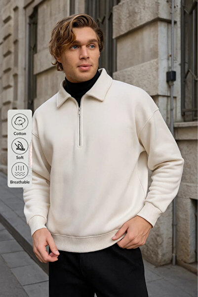 COMBİNE MİCHAİL Men's Zippered Oversize Cream Sweatshirt