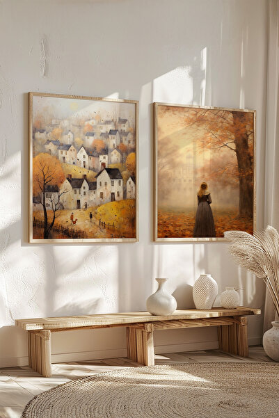 STARYUNA Wooden Framed Autumn Village and Foggy Woman Figure Double Painting Set Yuna429