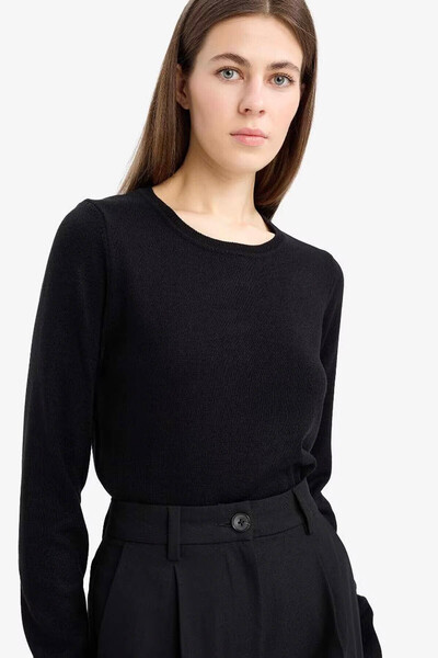 DeFacto Regular Fit Bisiklet Yaka Triko Siyah Kadın Kazak F7091AZ/BK27