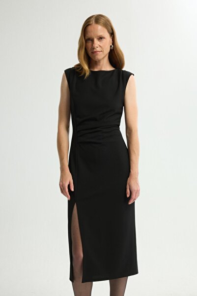 Love My Body Düşük Kol Önü Drapeli Elbise