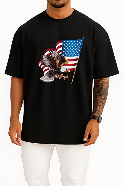Bahriyeli Collection قصة فضفاضة تي شيرت للجنسين بتصميم علم الولايات المتحدة ا...
