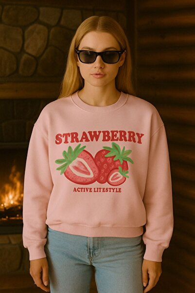 BENROMA Hanorac unisex cu 3 fire din bumbac pieptănat cu imprimeu de căpșuni