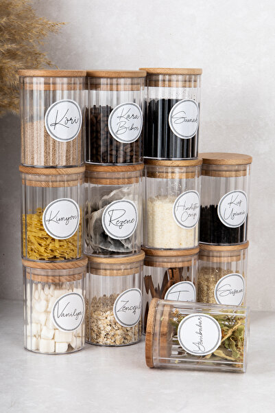 DNS HOME 12 Pieces Modern Spice Jar Set Acrylic Spice Jar with Wooden Vacuum Lid and Label Gift 450 ml