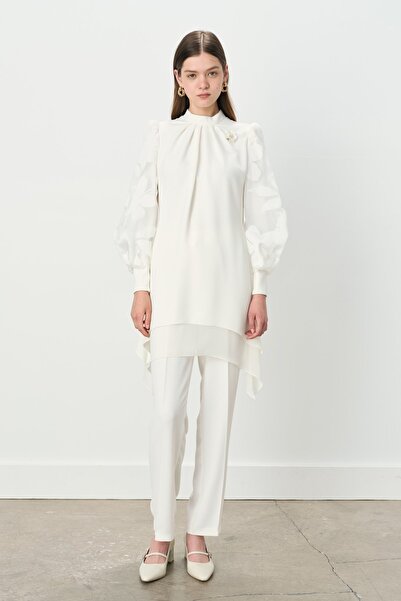 Nihan Kolları Organze Pantolon Tunik Takım Ekru