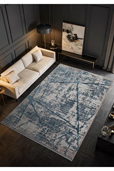 Karmen Halı Art AT001M Mavi Halı Modern Desen Triko Akrilik Viskon Boyama Yük...