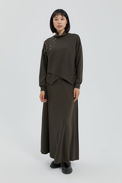 Nihan Asimetrik Detaylı Etek Bluz Takım Haki