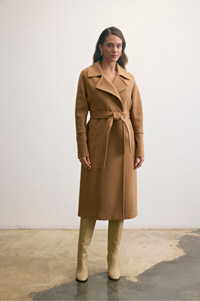 KENT Belted Long Cashmere Dark Camel Coat